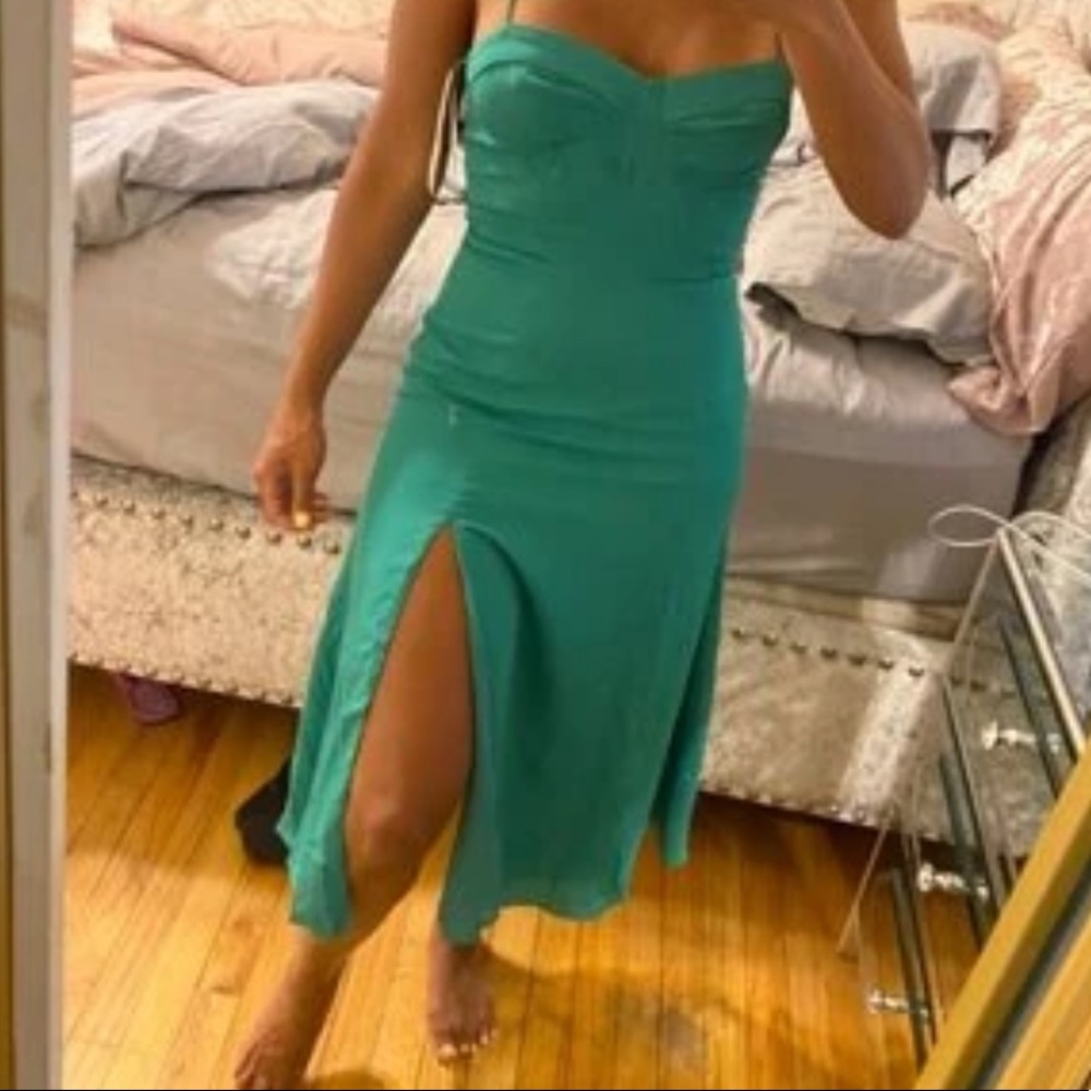 Green Bustier Self-Tie Cami Midi Dress Sz XS New - Picture 8 of 9